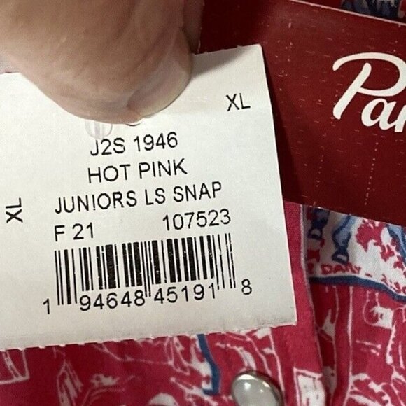 Panhandle NWT Jrs XL Hot Pink L/S Pearl Snap Pockets Rodeo Print Cotton Shirt - Picture 10 of 16